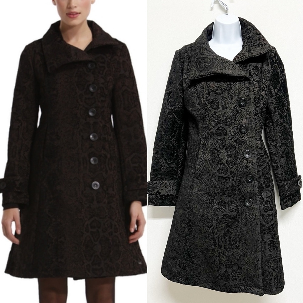 Desigual Womens Black Brown Snake Print Long Button Up Pea Coat Size EU 36